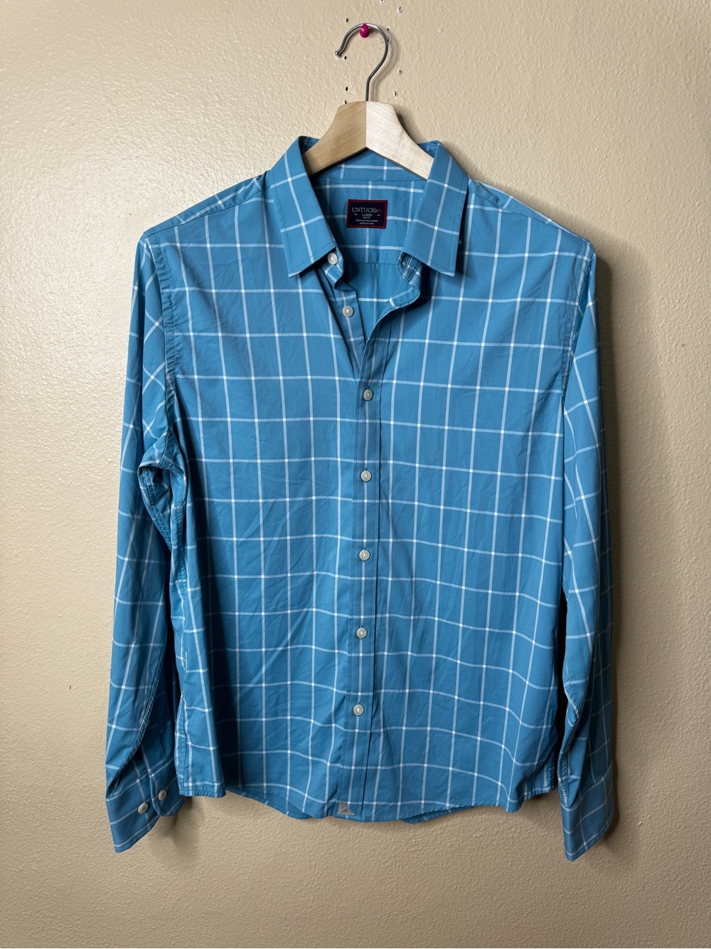 UNTUCKit Mens Large Button Up Shirt Blue Plaid Slim Fit Stretch Long Sleeve